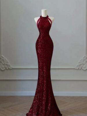 Wine Red Sequins Mermaid Round Neckline Party Dress, Sequins Prom Dress PFP2790