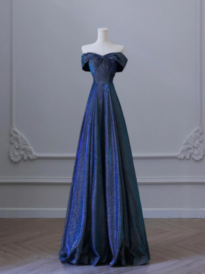 Blue Off the Shoulder Glitter A Line Long Prom Party Dress PFP2797