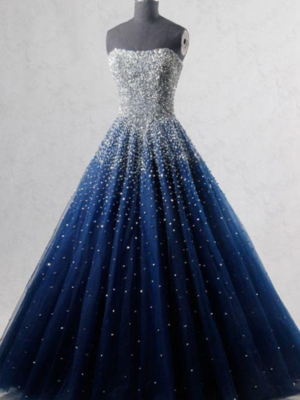 Promfast Navy Blue Strapless Floor Length Prom Ball Gown with Beading Sequins, Prom Dresses PFP2081
